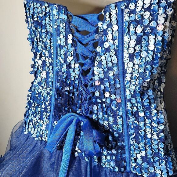 Samila Blue Sequin Embroidered Sweetheart Corseted Layered Tull Homecoming Dress - Picture 7 of 10